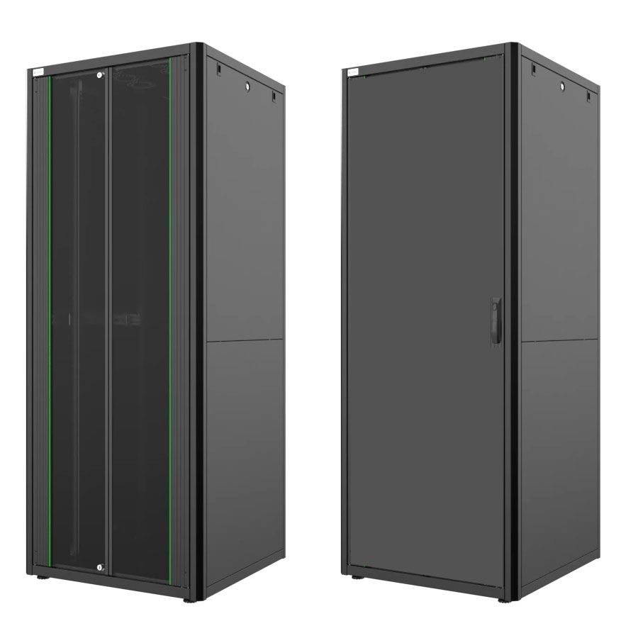 MIRSAN Szafa teleinformatyczna GTN 19” 42U 800/800mm (przód jednoskrzydłowe drzwi szklane; tył jednoskrzydłowe drzwi pełne) czarna