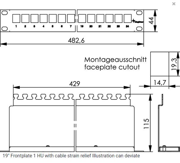 Telegärtner Panel 19" 1U pusty 24 porty RJ45 z półką szary