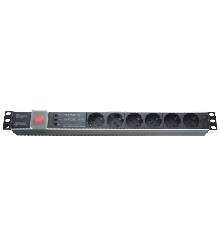 GT Networks Listwa zasilająca PDU 19" 1U; 1F; 16A; 6 x CEE 7/3 (SCHUKO); wyłącznik; ochronnik przeciwprzepięciowy SPD; przewód 1,8m; wtyk CEE 7/7 (UNISCHUKO); czarna
