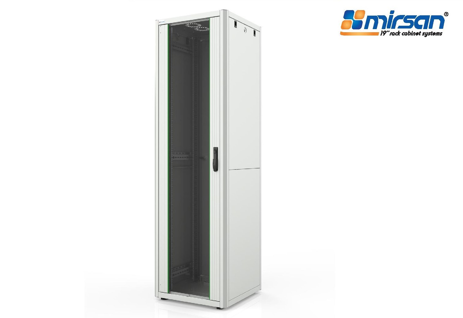 MIRSAN Szafa teleinformatyczna GTN 19” 18U 600/600mm (przód jednoskrzydłowe drzwi szklane; tył jednoskrzydłowe drzwi pełne) szara