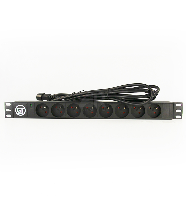 GT Networks Listwa zasilająca PDU 19" 1U; 1F; 10A; 8 x CEE 7/5 (PL/FR); przewód 3m; wtyk IEC 60320 C14; czarna