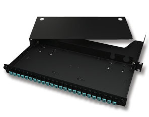 Corning 1U Patch Panel with Slideable Pull Tray, 48 OS2 Fibers, E2000 APC, with Adapter only, without Splicetrays, black