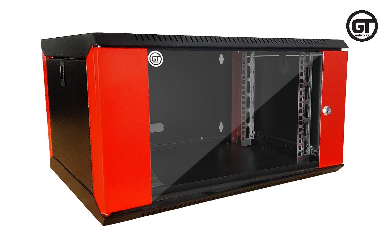 GT Networks Szafa 19” RedLINE wisząca 16U 565x450mm; czarno czerwona; drzwi blacha-szkło; 4 profile; boki z zamkami