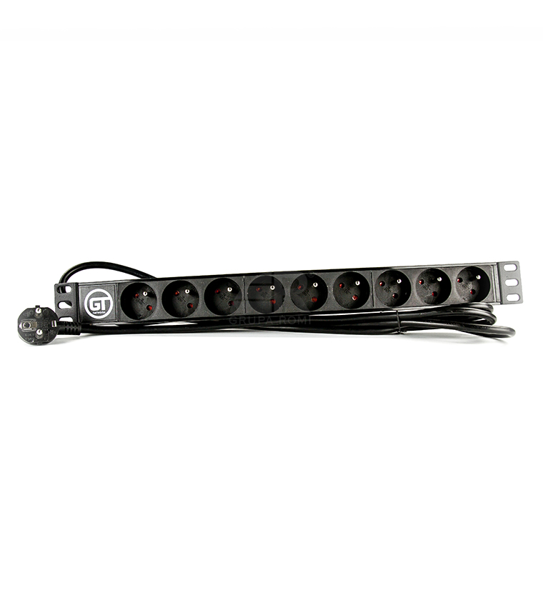 GT Networks Listwa zasilająca PDU 19” 1U; 1F; 16A; 9 x CEE 7/5 (PL/FR); przewód 3m; wtyk CEE 7/7 (UNISCHUKO); czarna