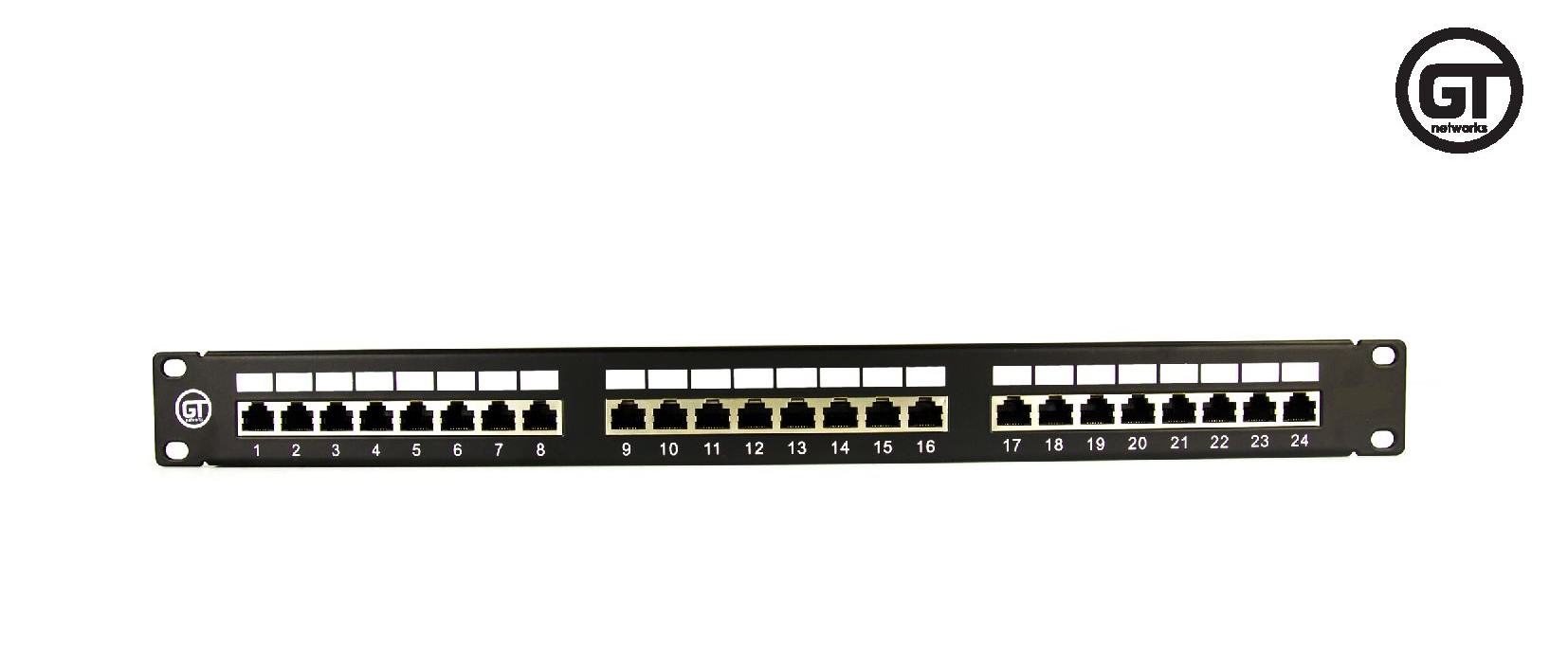 GT Networks Panel krosowy 19" 1U 24 gniazda RJ45 kat. 6A ekranowane STP czarny