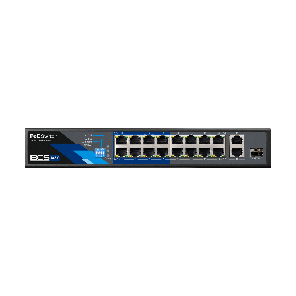 BCS 16 portowy switch PoE 100Mbps, 2xRJ45 Gigabit Uplink + 1xSFP.