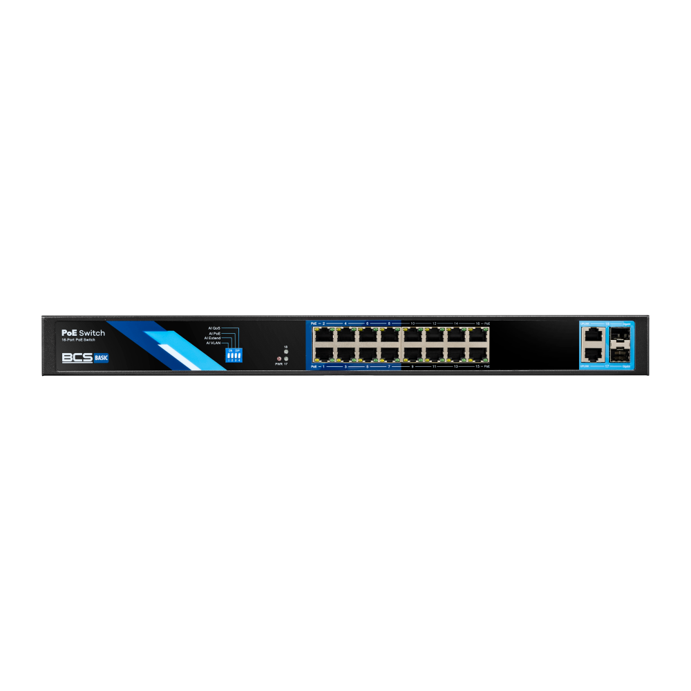 BCS 16 portowy switch (16×PoE) 100Mbps + 2×Gigabit(RJ45&SFP) z 4 trybami pracy.