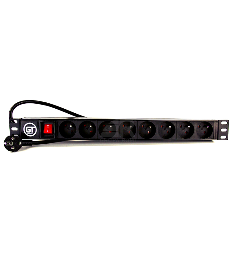 GT Networks Listwa zasilająca PDU 19" 1U; 1F; 16A; 8 x CEE 7/5 (PL/FR); wyłącznik z LED; przewód 3m; wtyk CEE 7/7 (UNISCHUKO); czarna