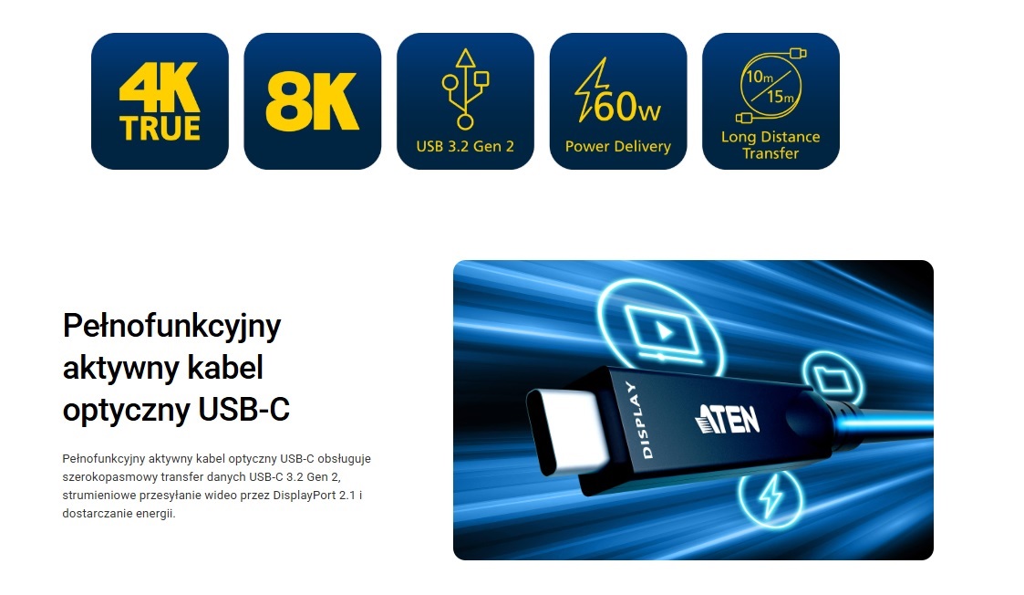Aten Przedłużacz Aktywny kabel optyczny Ultra HD USB-C 10 m