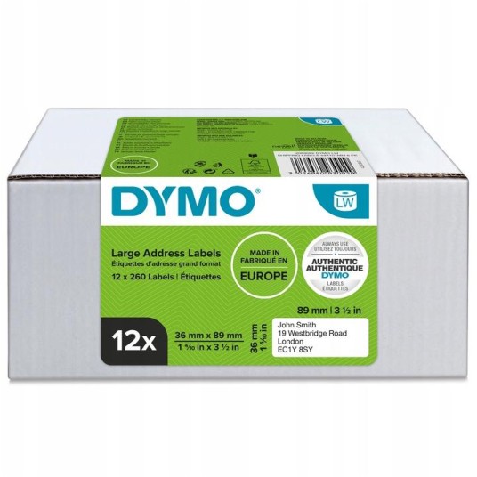 Dymo duża etykieta adresowa - 89 x 36 mm, biała - VALUE PACK 12 szt.