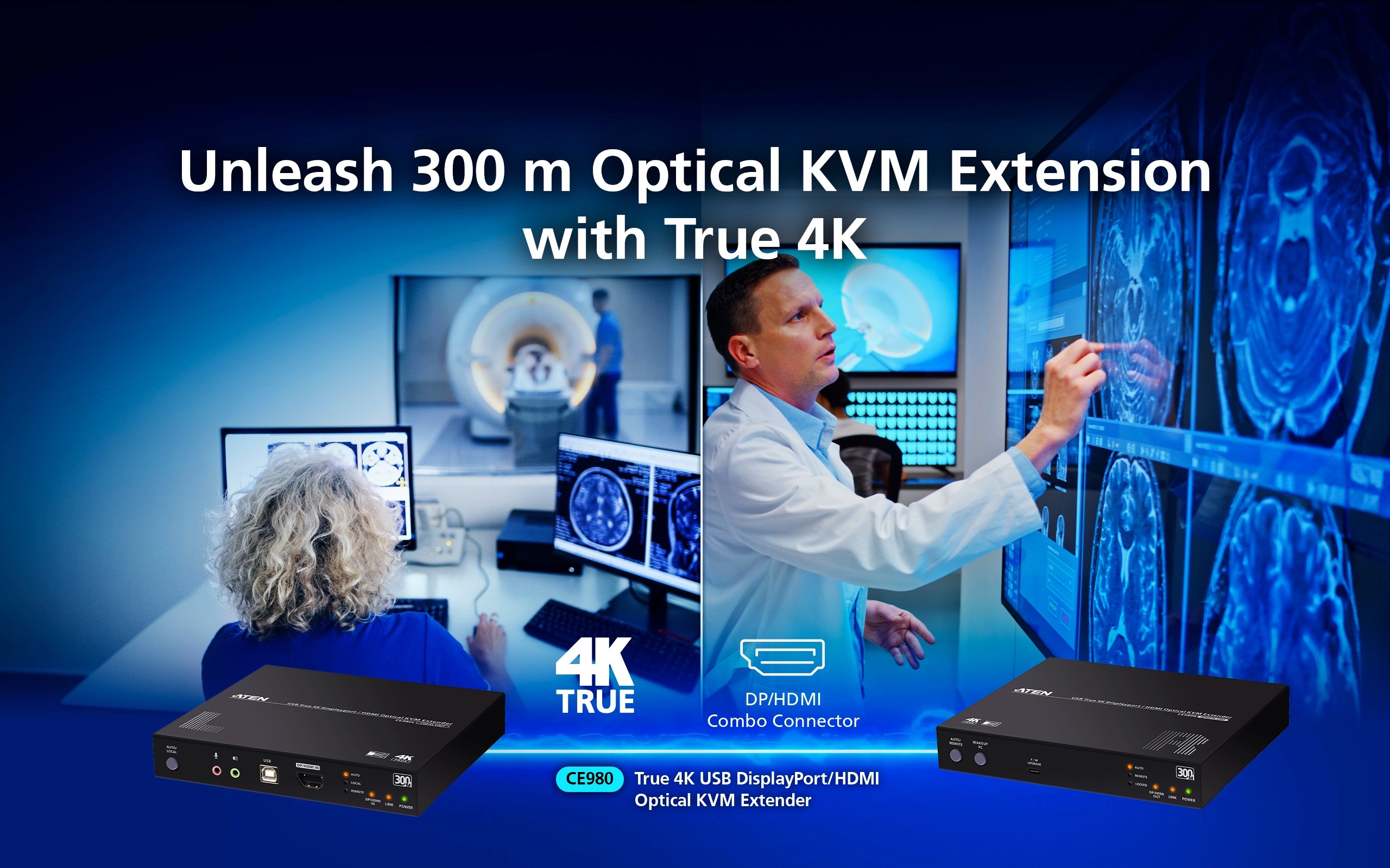 Aten Przedłużacz optyczny KVM USB True 4K DisplayPort/HDMI (prawdziwe 4K przy 300 m)
