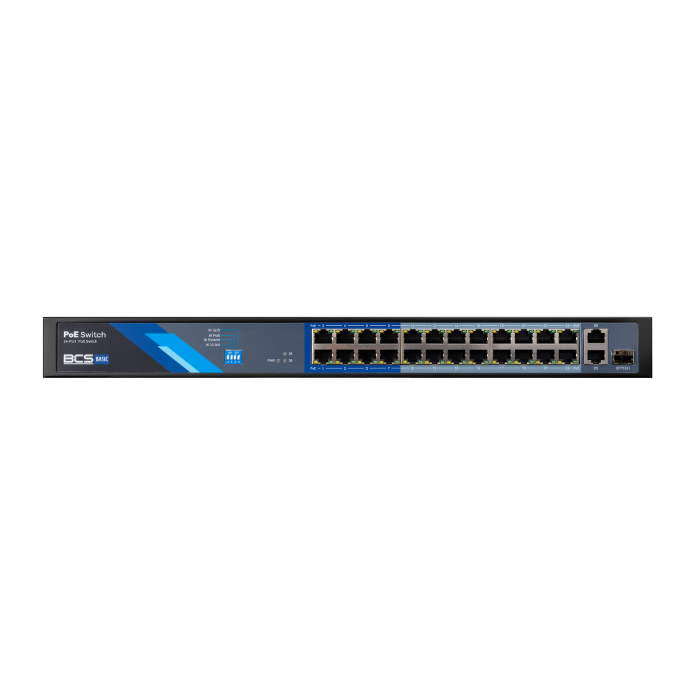 BCS 24 portowy switch PoE 100Mbps, 2xRJ45 Gigabit Uplink + 1xSFP.