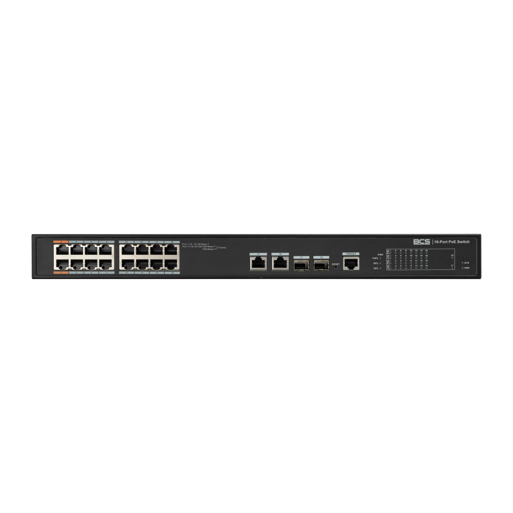 BCS LINE 16 portowy switch PoE zarządzalny,exPoE,16xPoE 100Mbps af/at,2 porty PoE 802.3bt 90W,2xRJ45 uplink, 1Gbps,2xSFP uplink 1Gbps,moc całkowita 240W,tryby standard/extend