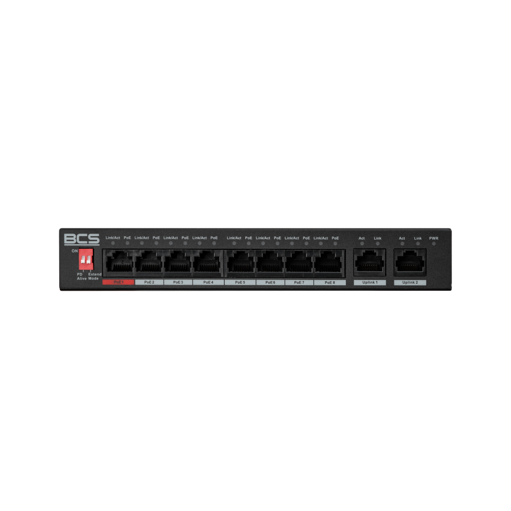 BCS 10 portowy switch (PoE), niezarządzalny,  8 portów PoE 100Mbps, 2 porty RJ45 uplink Gigabit