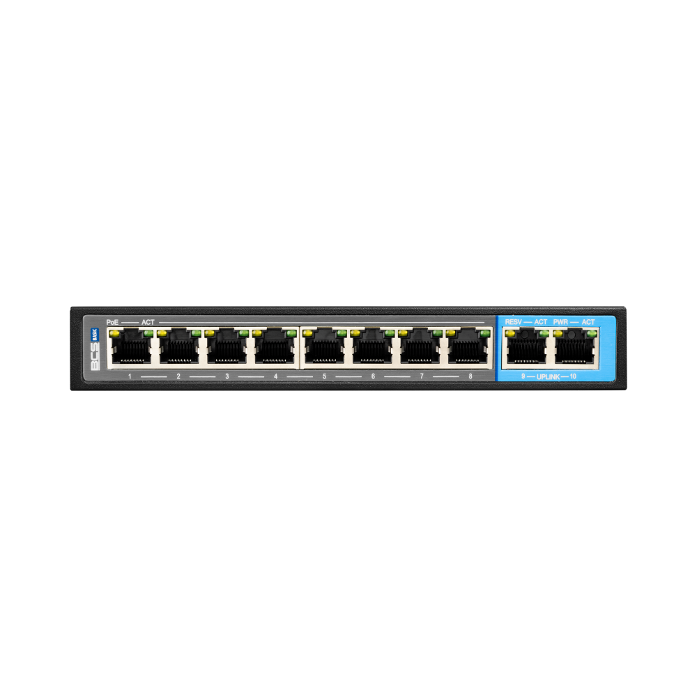 BCS Switch 10 portowy switch PoE Gigabit, 4 tryby pracy: AI VLAN, AI EXTEND, AI PoE, AI QoS, 8 portów PoE