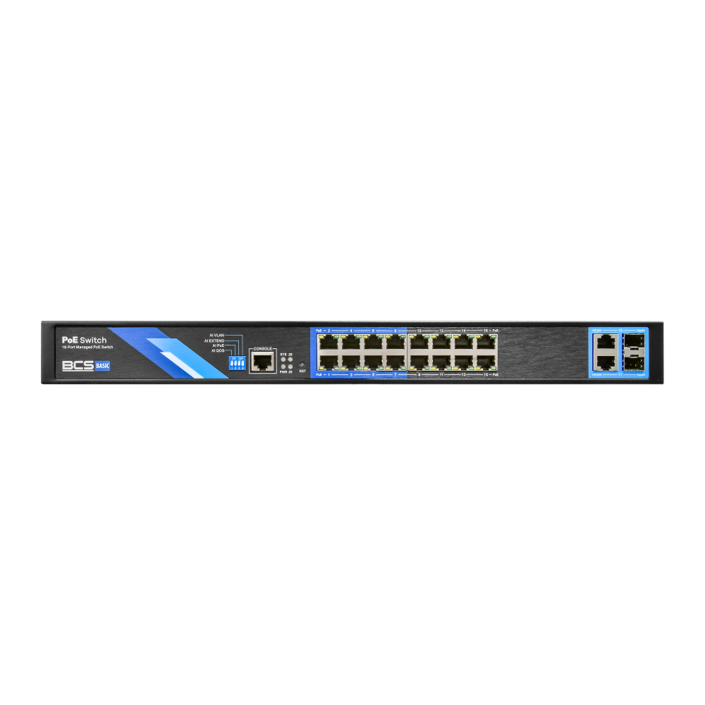 BCS 18 portowy zarządzalny switch (PoE) 100 Mbp,2 porty RJ45 uplink Gigabit, 2 porty światłowodowe SFP Gigabit,  Transmisja do 250 m, maksymalna moc do 30W dla pojedynczego portu PoE