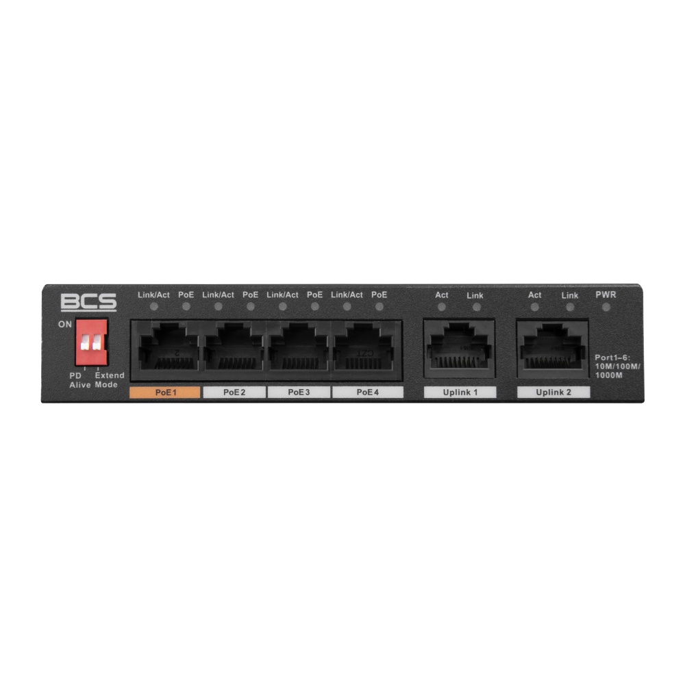 BCS 6 portowy niezarządzalny switch Gigabit (PoE), 4 porty PoE Gigabit, 2 porty RJ-45 uplink Gigabit