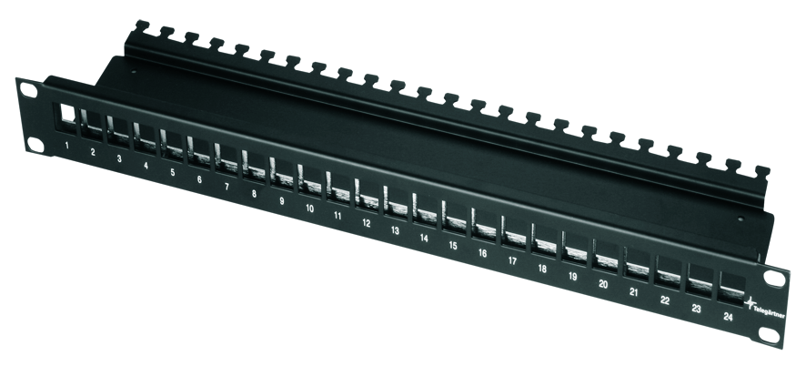 Telegärtner Panel 19" 1U pusty 24 porty RJ45 z półką czarny