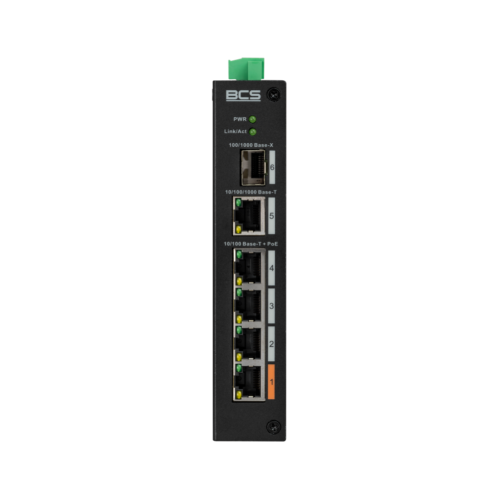 BCS 5 portowy niezarządzalny switch (PoE), 4 porty PoE 100 Mbps, 1 port RJ-45 uplink Gigabit.