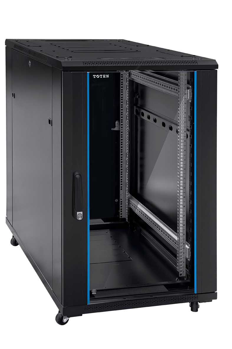 TOTEN Szafa teleinformatyczna rack 19” G7 15U 600/600mm; czarna (drzwi przód jednoskrzydłowe przeszklone, tył jednoskrzydłowe metalowe pełne)